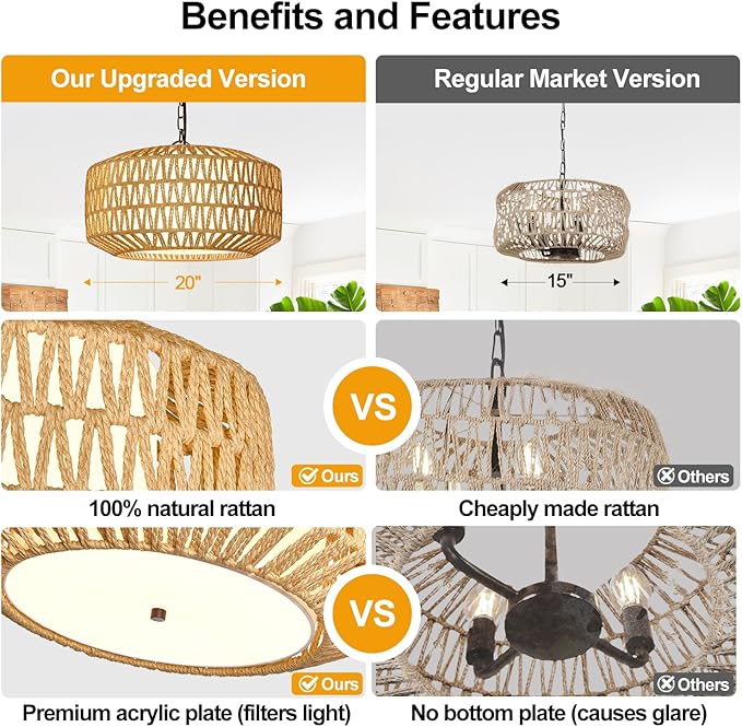Farmhouse Chandelier Light Fixture, 5-Light Rattan Boho Chandeliers for Dining Room, Hand Woven Pendant Light with Linen Shade, Rustic Hanging Lighting for Kitchen Island, Bedroom (Bulb Not Included)