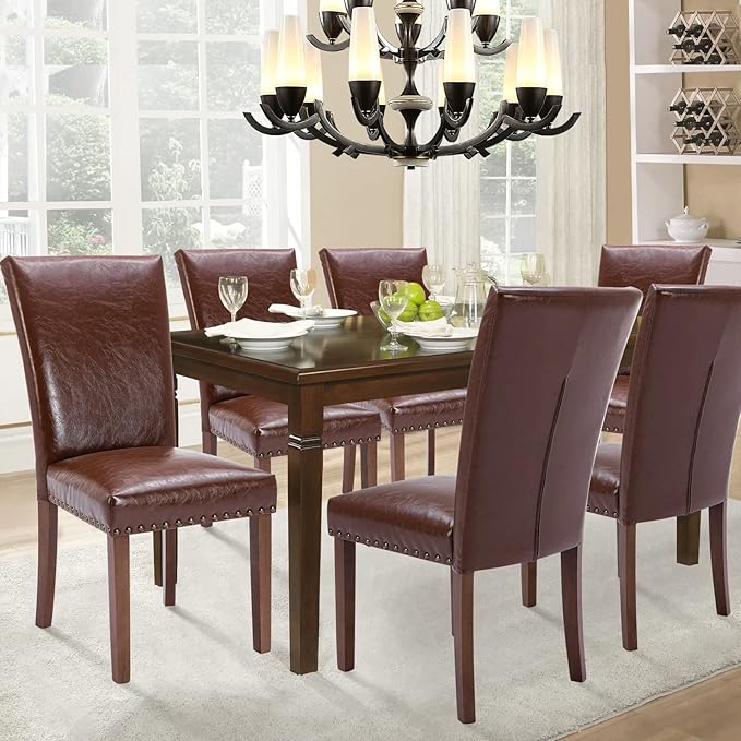 Parsons Dining Chairs Set of 6, Upholstered Nailhead PU Leather Dining Room Kitchen Side Chair with Thick Cushions and Wood Legs, Light Brown