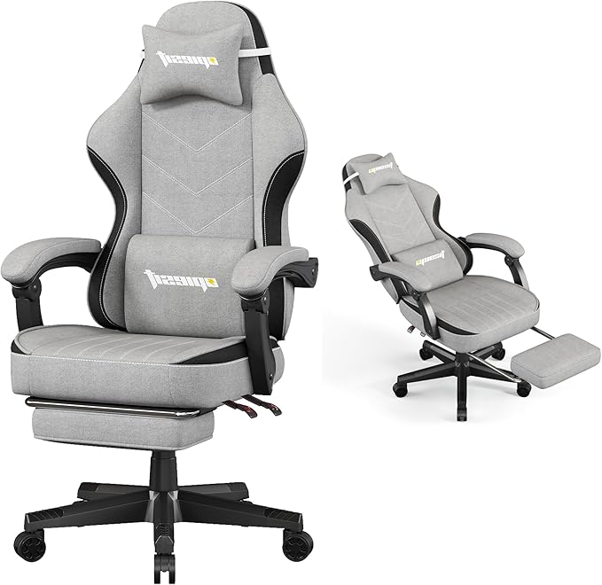 Gaming Chair,Fabric Computer Chair with Pocket Spring Cushion,400 lb Load Capacity,Ergonomic Office Chair with Footrest,Height Adjustable Video Gamer Chair with Lumbar Support (Grey)