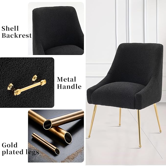 Modern Velvet Dining Chairs Set of 4, Contemporary Upholstered Furniture Collection with Polished Gold Metal Legs, Elegant Accent Chairs for Kitchen Living Room(Teddy Fleece,Black)
