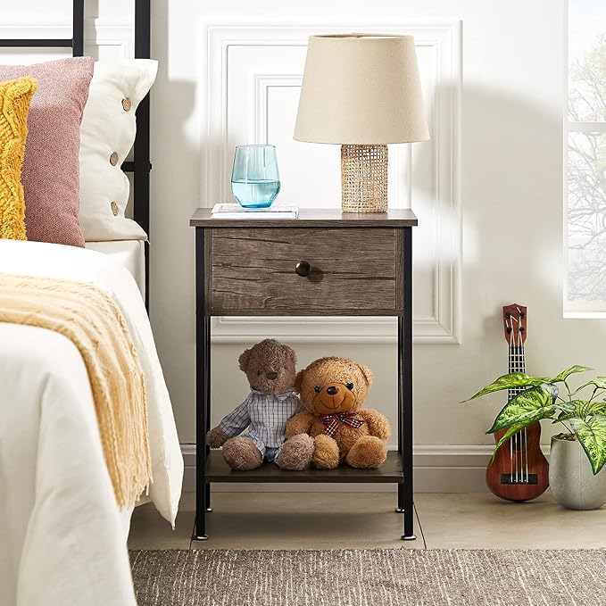 VECELO Nightstands Set of 2, Modern Bedside End Tables, Night Stands with Drawer and Storage Shelf for Living Room Bedroom, Industrial Metal Frame