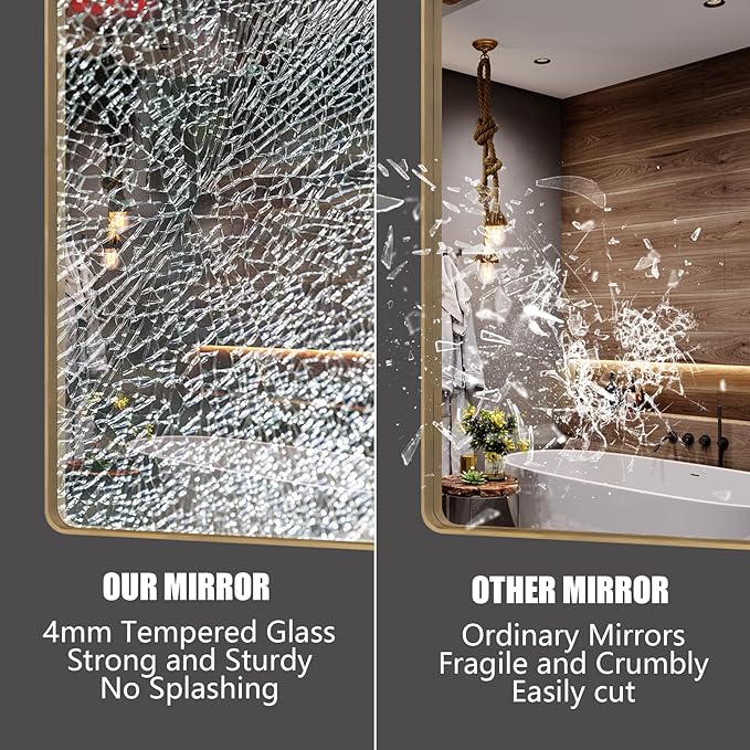 55x40 Inch Gold Bathroom Mirror, Brushed Metal Frame Gold Vanity Mirror, Large Rectangle Mirror for Wall, Rounded Corner, Shatterproof, Anti-Rust (Horizontal/Vertical)