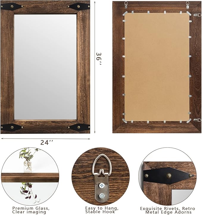 Farmhouse Rustic Mirror Wood Framed for Bathroom, Decorative Bathroom Mirror for Wall Wood, Wall Mounted Rectangular Mirror for Bedroom Living Room, Wood Mirror 24x36 Inch
