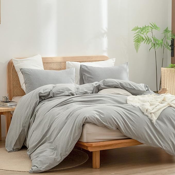 BESTOUCH Duvet Cover Set 100% Washed Cotton Linen Feel Super Soft Comfortable Chic Lightweight 3 PCs Home Bedding Set Solid Light Grey Super Queen
