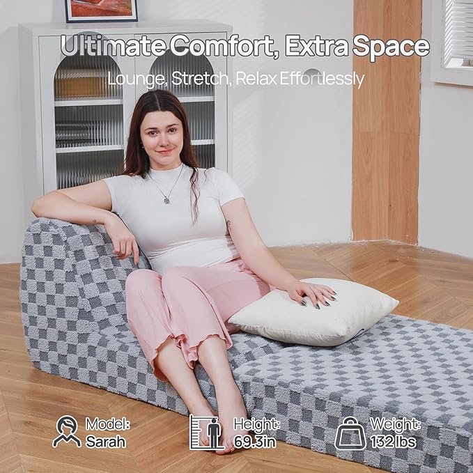 Bean Bag Chair with Checkerboard Shaker Fleece Fabric, Folding Sofa Bed, Floor Sleeper Lounge Chair, Lazy Sofa for Living Room, Bedroom, Apartments (Cement Gray)