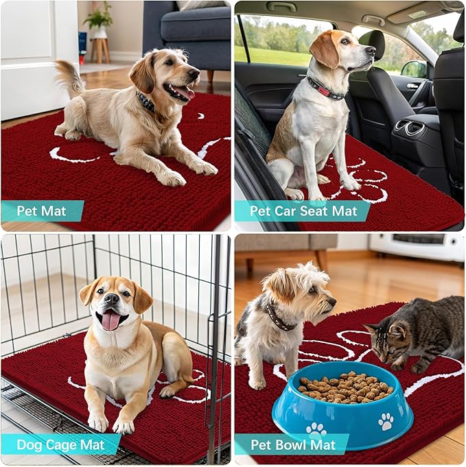 OLANLY Door Mat for Muddy Dog Paws 36x24, Ultra Absorbent Chenille Mud Doormat with Paw Print Design, Non-Slip Washable Doormat for Indoor Entryway, Quick-Dry Pet Bed Mats for Dirty Dogs, Red