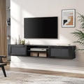 WAMPAT 70" Floating TV Stand with Power Outlet, 2-Tier Wood Media Console Entertainment Center with 2 Rattan Doors, Modern Wall Mounted TV Shelf Cabinet for Under TV, Living Room, Bedroom, Black