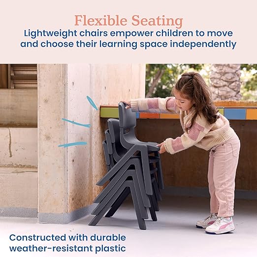 ECR4Kids 12in Plastic School Stack Chair, Classroom Furniture, Grey, 4-Pack