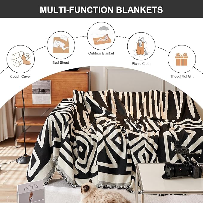 STACYPIK Boho Geometric Sofa Cover Chenille Beige Black Couch Cover for Dog Pet Friendly Couch Protector for 3-4 Cushion Couch Non-Slip Jacquard Sectional Couch Cover Tassels Sofa Slipcover-71x150IN