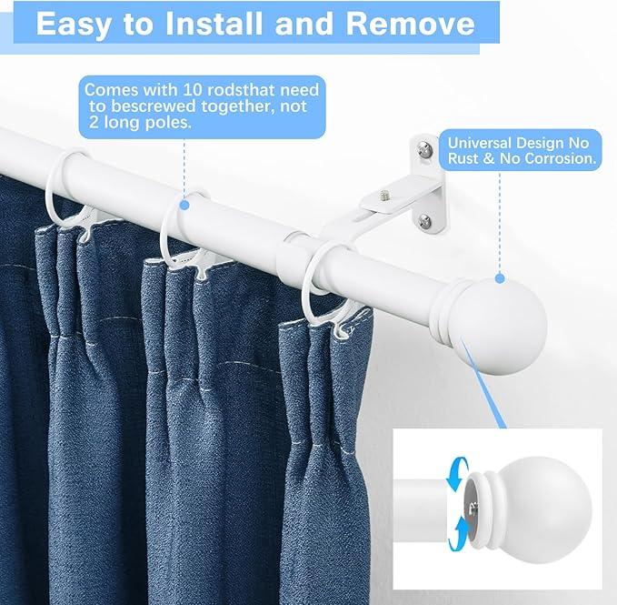 Curtain Rods for Windows 16 to 150 Inches, Curtain Rod Max Adjustable Length of 160 IN, 1" Diameter Drapery Rods Round Finials, White, Pack of 1