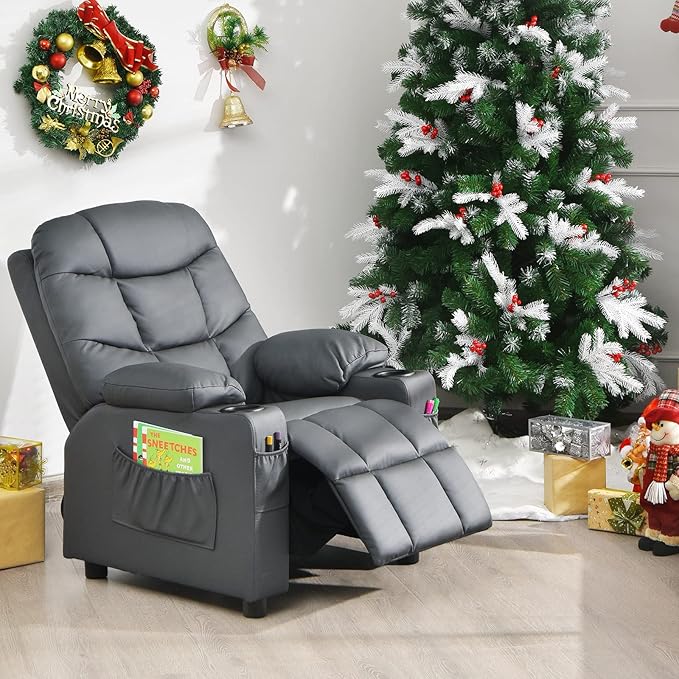 Costzon Kids Recliner Chair with Cup Holder, Adjustable Lounge Chair w/Footrest & Side Pockets for Children Boys Girls Room, Ergonomic Toddler Furniture Sofa, Kids Recliner (Grey)