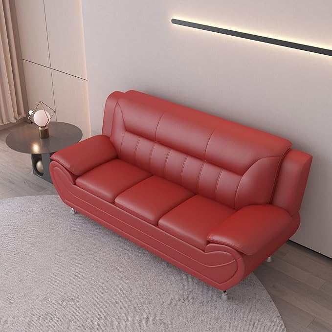 Container Furniture Direct Michael Modern Faux Leather Upholstered Stainless Steel Legs Living Room Sofa, Persian Red