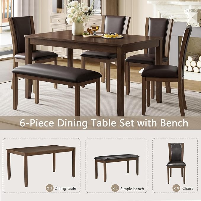 KEIKI 6-Piece Standard Height Dining Table Set with Rectangular Table, 4 Upholstered Chair, Bench, for 6 Person, Farmhouse Rustic Table Set, Easy Assembly, for Kitchen, Dining Room, Dark Walnut