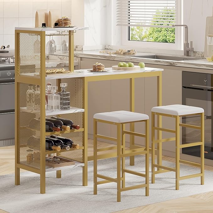 VECELO Bar Table and Chairs Set for 2, 3-Piece Dining Set with Storage Shelves, Cup Holder & Wine Rack, PU Leather Cushion Stools, for Kitchen Small Space, Gold