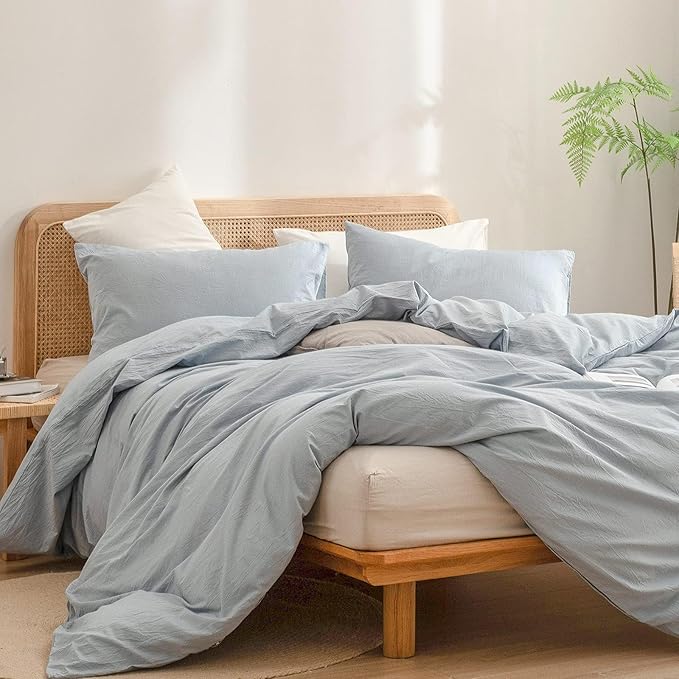BESTOUCH Duvet Cover Set 100% Washed Cotton Linen Feel Super Soft Comfortable Chic Lightweight 3 PCs Home Bedding Set Solid Cornflower Blue Oversized Full