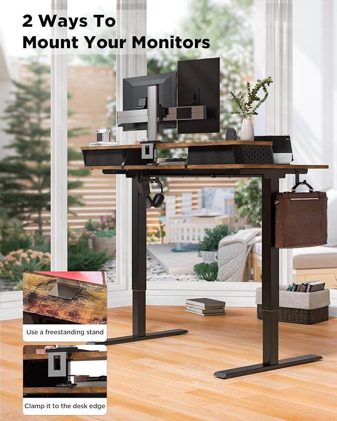 40x24 Inch Standing Desk with Double Drawers,C-Clamp Mount Compatible,Electric Adjustable Height Computer Stand Up Desks, Home Office Sit Stand Table with 3 Preset Heights & Hooks, Rustic Brown