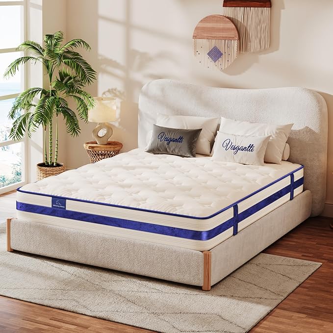 Vesgantti King Size Mattress,12 Inch Hybrid Innerspring Mattress in a Box with Memory Foam, Back Support & Pressure Relief, Medium Firm Feel for Adults (King Size)
