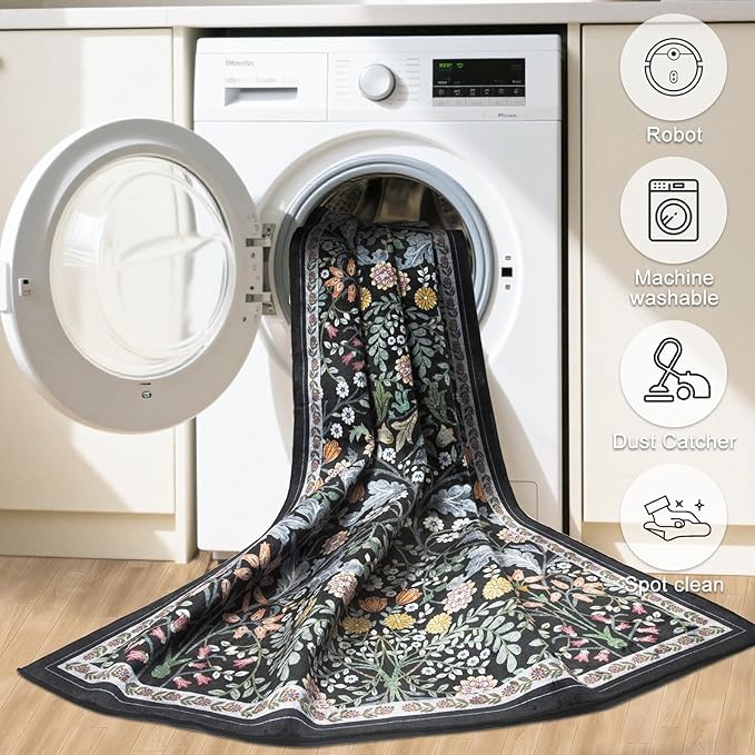 Area Rugs 9x12 Living Room: Floral Washable Rug Vintage Large Soft Boho Non-Slip Carpet Indoor Stain Resistant Low Pile Carpets for Bedroom Dining Room Farmhouse Nursery Hallway Home Office Dark Black
