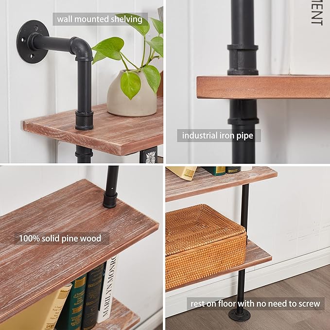 Industrial Ladder Shelf Bookcase, Wall Mounted Rustic Bookshelf, Retro Wood Metal Pipe Industrial Shelves for Living Room(Weathered Brown, 6 Tier - 10" D x 70" W x 82.5" H)