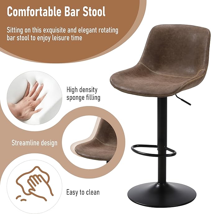 Bar Stools, Swivel Counter Height Barstools with Back, Adjustable Modern Bar Chairs, Tall Armless PU Leather Kitchen Island Stool (Brown, Set of 3)