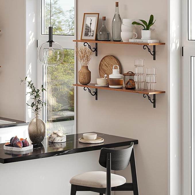 DINZI LVJ Long Wall Shelves, 23.6 Inch Large Floating Shelves Set of 2, Wide Display Shelf Wall Mounted with Brackets, Easy Hanging for Living Room, Toilet, Office, Bedroom, Rustic Brown