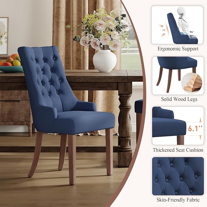 COLAMY Wingback Upholstered Side Dining Room Chairs Set of 2, Fabric Dining Chairs with Tufted Button, Living Room Chairs for Home Kitchen, Blue