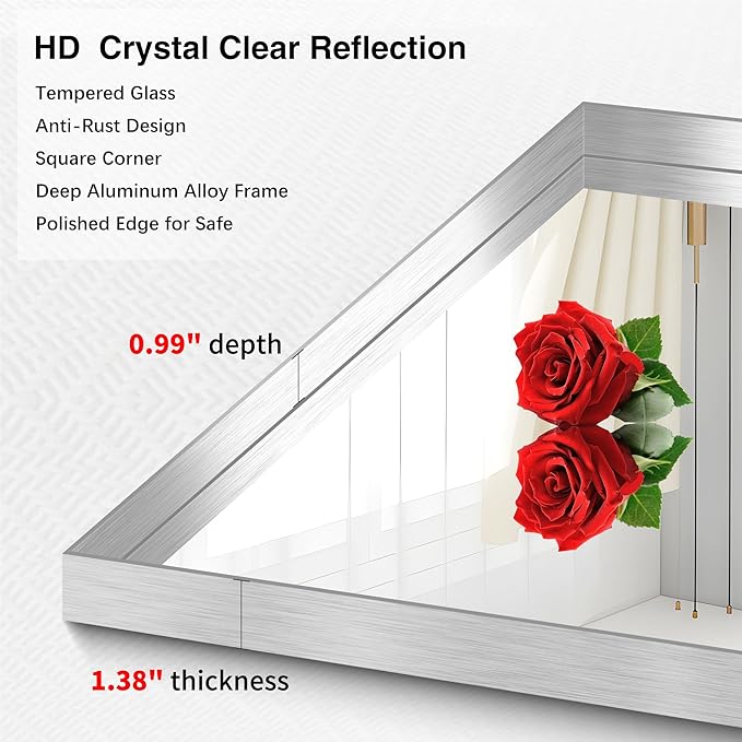 Silver Bathroom Mirror, 30x60 Inch Rectangular Deep Frame Mirror, Large Wall Mounted Bathroom Vanity Mirror Over Sink for Bedroom,Restroom, Living Room, Hangs Vertically or Horizontally