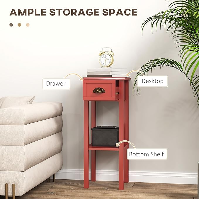 HOMCOM 2-Tier Side Table with Drawer, Narrow End Table with Bottom Shelf, for Living Room, Set of 2, Red