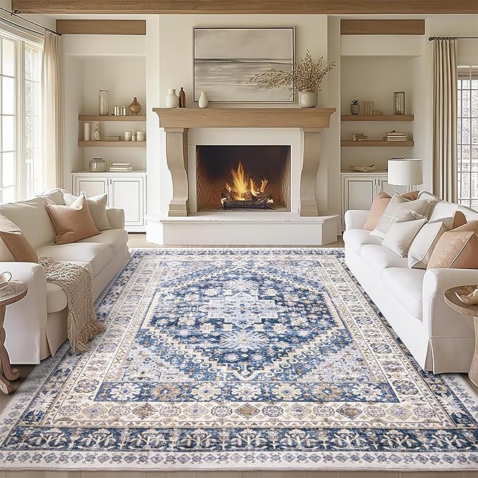 zesthome 7x9 Area Rug, Super Soft Washable Rugs for Living Room, Non-Slip Stain Resistant Vintage Rugs, Ultra-Thin Large Area Rugs (Blue/Beige,7'x9')