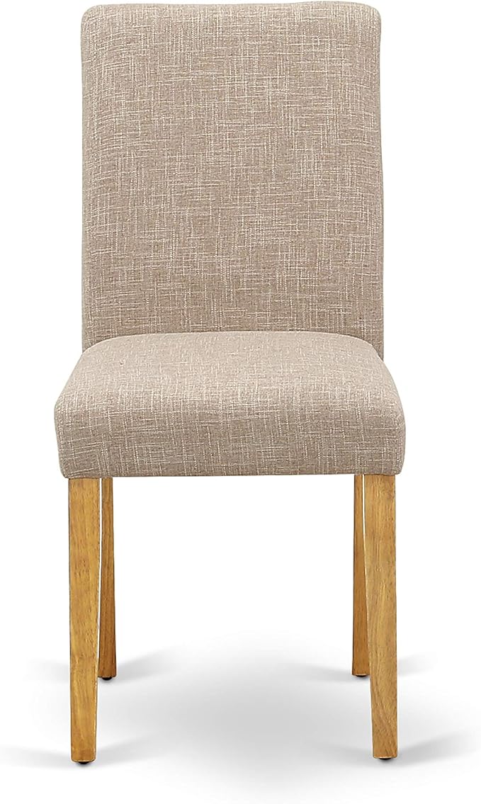 East West Furniture DLAB3-OAK-04 3 Piece Dining Room Furniture Set Contains a Round Dining Table with Dropleaf and 2 Light Tan Linen Fabric Parsons Chairs, 42x42 Inch, Oak
