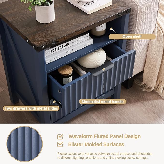 Navy Blue Nightstand with Charging Station Set of 2-20 Inch Wide Farmhouse Fluted Bedside Table with 2 Drawers, Modern Wood End Side Table for Bedroom Study Storage Home