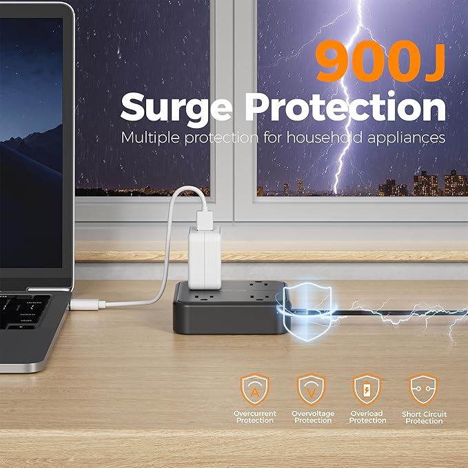 Surge Protector Flat Extension Cord 15FT, TESSAN Flat Plug Power Strip with 4 Outlets 3 USB C Ports (1 USB C), 900 Joules Protection, Multiple Wall Outlet Extender Suitable for Home Office Dorm, Black