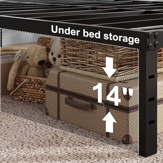 16 Inch Bed Frame Queen Size with Fabric Cover, Metal Platform Queen Bed Frame with Storage No Box Spring Needed, Heavy Duty Non-Slip, Easy Assembly Mattress Foundation