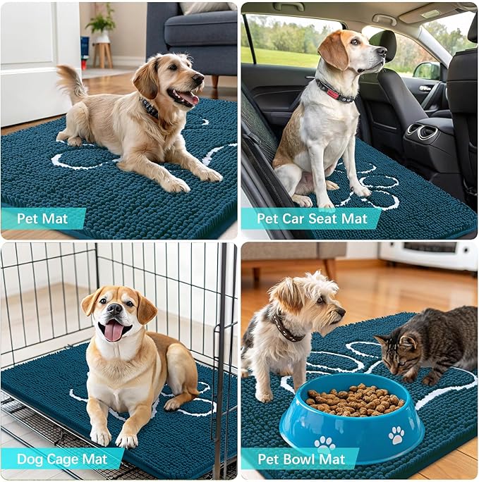 OLANLY Door Mat for Muddy Dog Paws 40x32, Absorbent Chenille Mud Doormat with Paw Print Design, Non-Slip Washable Doormat for Indoor Entryway, Quick-Dry Pet Bed Mats for Dirty Dogs, Atlantic Blue