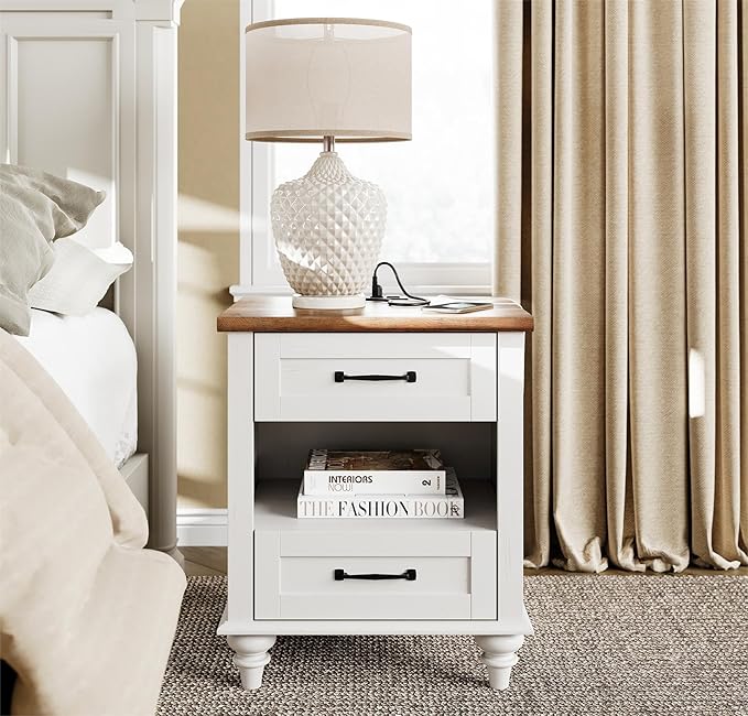 WAMPAT White Side Table with 2 Drawers & Charging Station, Mid Century Nightstand for Bedroom with Power Outlets & USB Ports, Wooden Bedside Table Night Stand with Shelf for Living Room, Antique White
