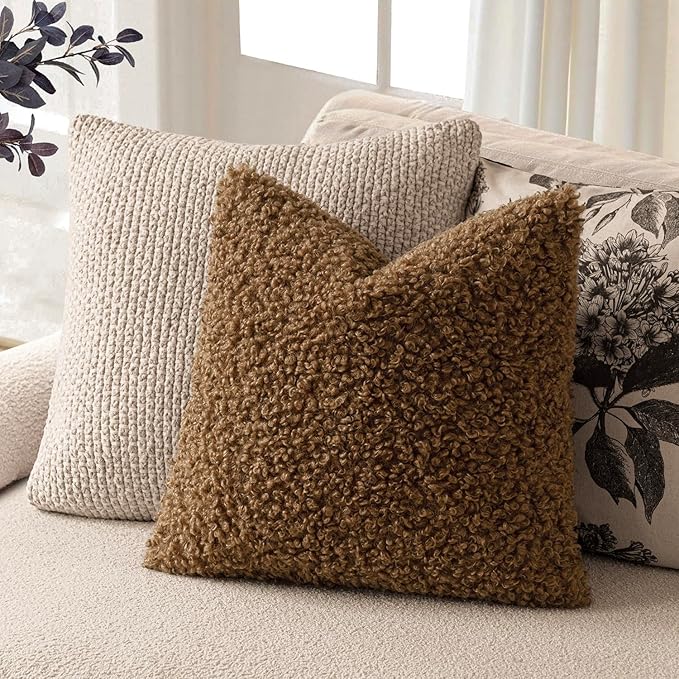 Foindtower 2 Pieces 24x24 Inch Dark Bronze, Faux Fur Throw Pillow Cover Accent Sherpa Furry Pillow Covers Fuzzy Soft Pillowcases Cozy Sheepskin Decorative Fleece Cushion Case for Bed Couch Living Room
