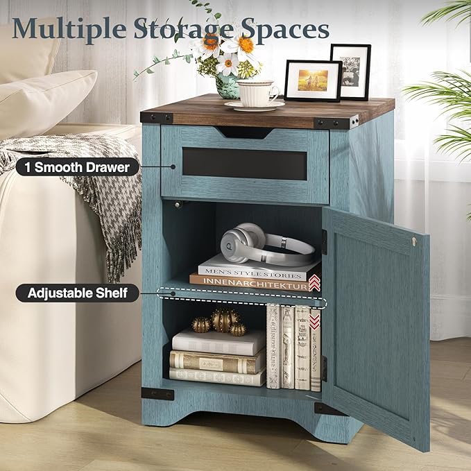 Farmhouse End Table Set of 2 with Charging Station, 26.4" Tall Rustic Nightstand with Drawer and X Barn Door, Country Bedside Sofa Side Table for Living Room, Blue