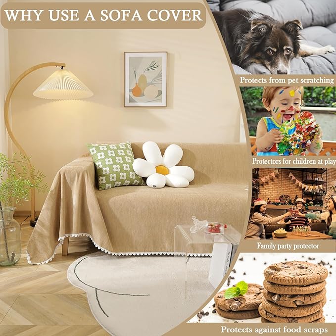 HANDONTIME Khaki Couch Covers for Sectional Sofa L Shape Cute Loveseat Covers Dog Cover Covers, Sofa Covers for 3 Cushion Couch Chenille Sofa Slipcover Soft Sofa Cover for Sectional Sofa, 71" X118"