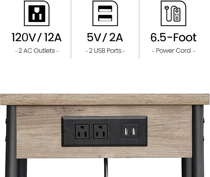 TUTOTAK End Table with Charging Station, Nightstand, 3-Tier Couch Side Table with USB Ports and Outlets, Bedside Table for Small Space, Living Room TB01BG026