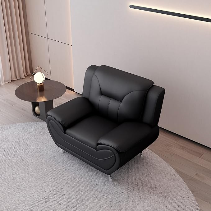 Container Furniture Direct Michael Modern Faux Leather Upholstered Stainless Steel Legs Living Room Sofa, Chair, Midnight Black