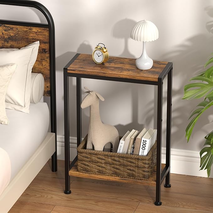 Narrow Side Table for Small Space, 2-Tier Small End Table with Shelf Holder, Slim Nightstand, Skinny Snack Couch Table in Living Room, Bedroom, Study, Kitchen and Balcony (Rustic Brown)