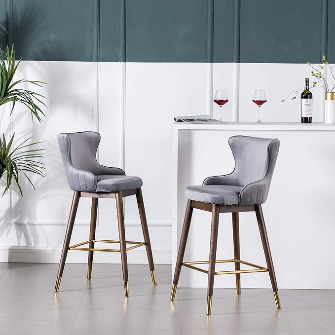 Roundhill Furniture Leland Fabric Upholstered Wingback Bar Stools, Set of 2, Gray