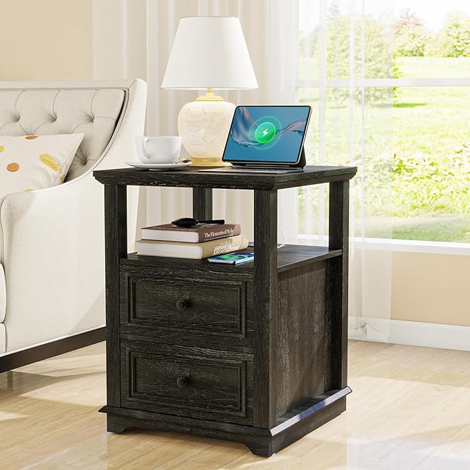 Vipbear Farmhouse Nightstand 18" Dark Gray End Table with Charging Station & 2 Drawers, Rustic Bedside Table with Storage Shelf for Bedroom, Living Room,18.1" D x 18.1" W x 24.2" H