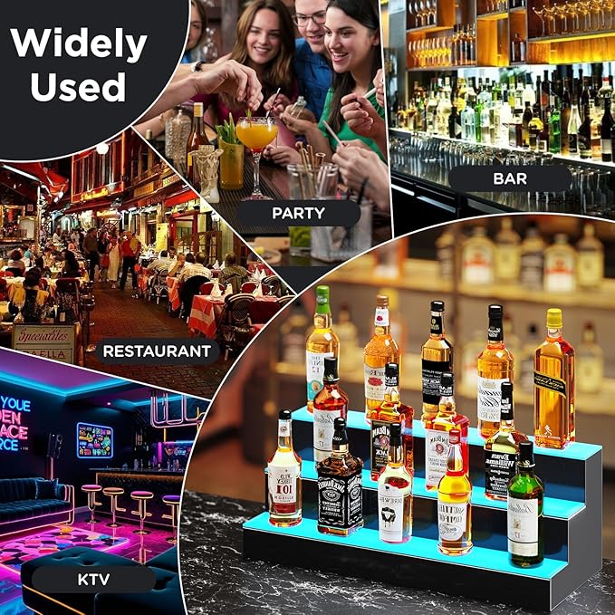 Dethan 3 Tier 16 Inch Liquor Bottle Display Shelf - Wine Racks with Multi-Color App & Remote Control, Adjustable Brightness & Sound Modes, Acrylic Bar Shelves Displays