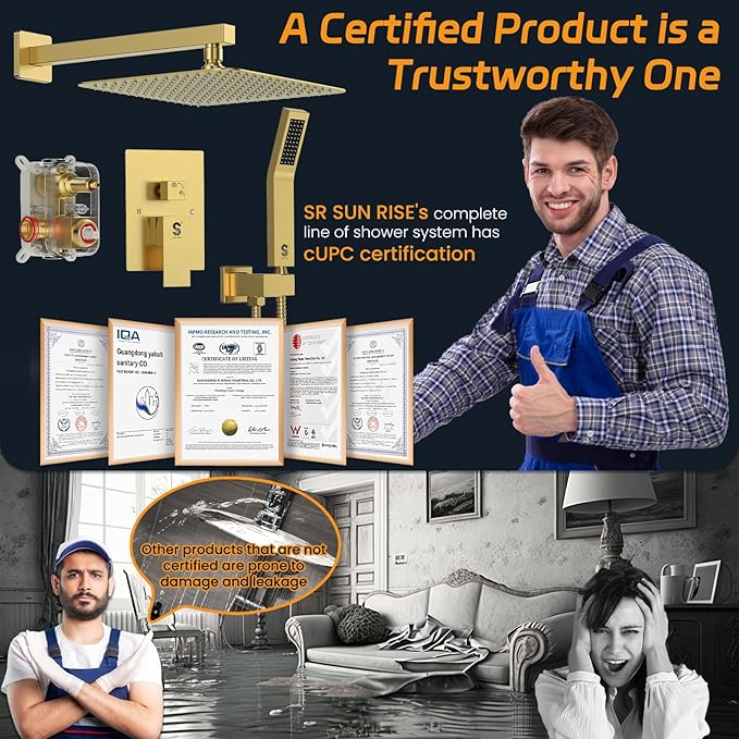 SR SUN RISE Shower Faucets Sets Complete Brushed Gold Square Rain Shower Head with Handheld Spray All Metal Shower Faucet Trim Repair Kits (Contain Shower Valve)