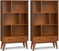 SIMPLIHOME Draper 35 inch Mid-Century Modern 6 Cubbie Bookcase with Drawer (Set of 2) in Teak Brown for The Living Room, Study Room and Office