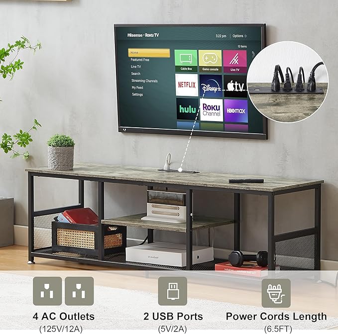 VECELO TV Stand with Power Outlets for Televisions up to 80Inch, 70" Media Entertainment Center with Charging Station 3-Tier Open Storage Shelves with Metal Frame for Living Room/Bedroom，Grey
