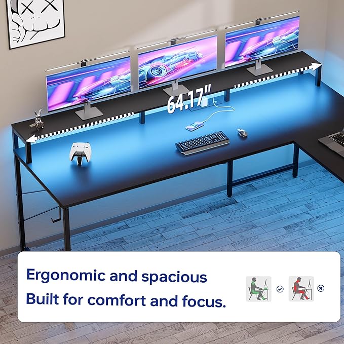 Pamray 64 Inch L Shaped Gaming Desk with Power Outlets and Led Lights, Large Corner Computer Desk with Monitor Stand and Pegboard, PC Table for Home Office and Bedroom Black