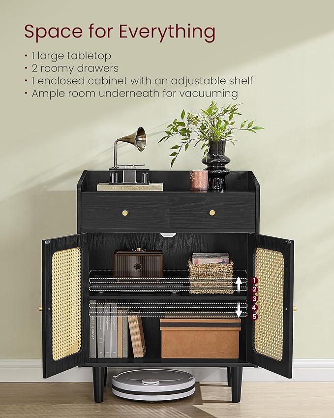 VASAGLE BOHOVEN Collection - Buffet Cabinet, Sideboard Storage Cabinet with Rattan-Like Doors and Drawers, Accent Cabinet, Adjustable Shelf, Boho Style, for Living Room, Ebony Black