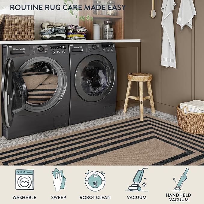 Lahome Modern Geometric Easy Jute Outdoor Rug, 3x5 Black Washable Kitchen Rugs for Bedroom Thin Non Slip Indoor Door Mat, Non Slip Farmhouse Carpet for Office Patio